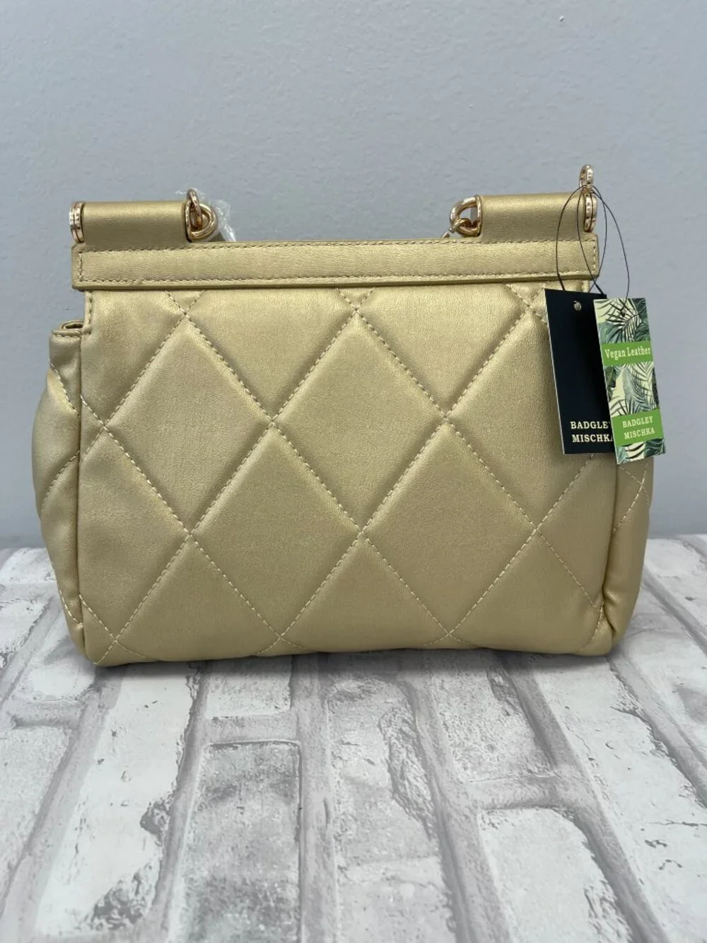 Badgley Mischka Quilted Vegan Leather Metallic Gold 2-Way Bag - BM4131 - NWT